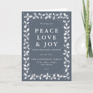 Dark Blue Grey Holly Leaves Peace Love & Joy Holiday Card