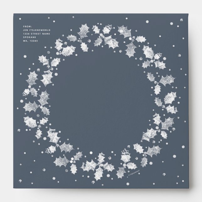Dark Blue Grey Holly Wreath Return Address Square Envelope (Front)
