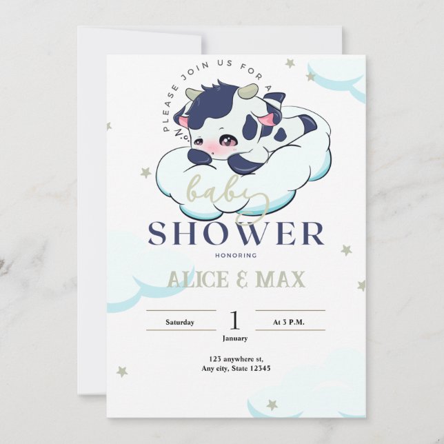 Dark Blue Grey Sleepy Cow White Cloud Baby Shower  Invitation (Front)