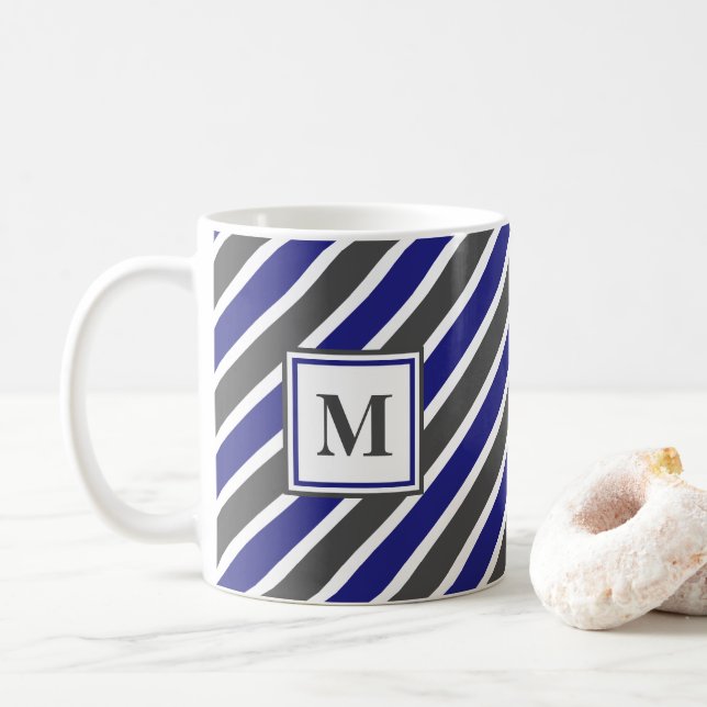 Dark Blue & Grey Stripes Coffee Mug (With Donut)