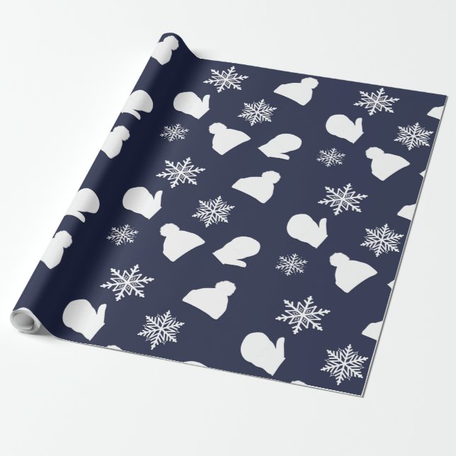 Dark Blue Holiday Mittens and Christmas Hats Wrapping Paper (Unrolled)