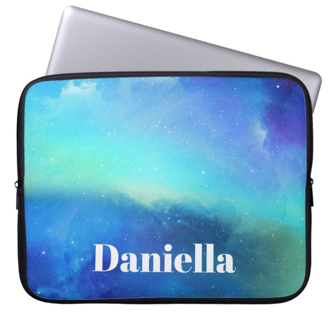 Dark Blue Holographic Sky with Custom Name Laptop Sleeve (Front)