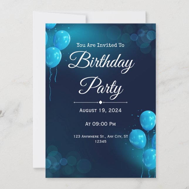 Dark Blue Illustrative Birthday Invite (Front)