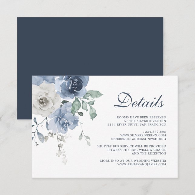 Dark Blue Ivory Floral Wedding Details Enclosure Card (Front/Back)