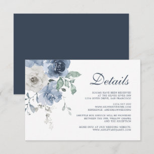 Dark Blue Ivory Floral Wedding Details Enclosure Card