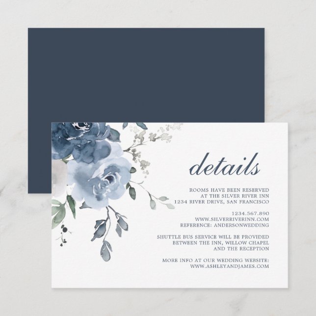Dark Blue Ivory Floral Wedding Details Enclosure Card (Front/Back)