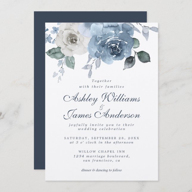 Dark Blue Ivory Rose Floral Wedding Invitation (Front/Back)