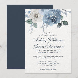 Dark Blue Ivory Rose Floral Wedding Invitation