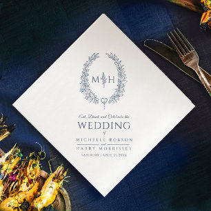 Dark blue leaf oval wreath monogram art wedding napkin