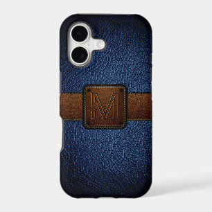 Dark blue leather look brown tag