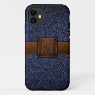 Dark blue leather look brown tag iPhone 11 case
