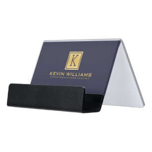 Dark Blue & Light Gold geometric Accent Desk Business Card Holder