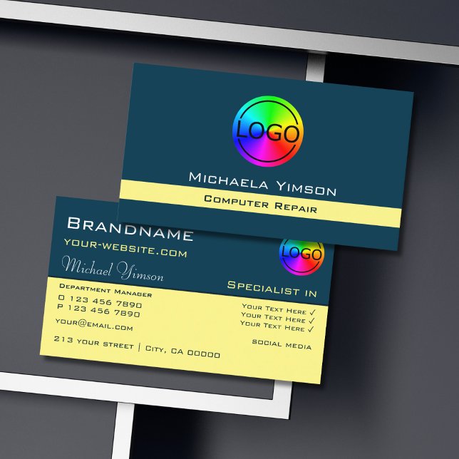 Dark Blue Light Yellow Chic with Logo Professional Business Card (Creator Uploaded)