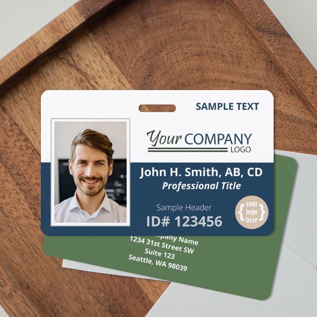 Dark Blue Logo Entry Employee Photo ID ID Badge (Blue and green company entry badge with photo and logos. Versatile for navy blue, sage green)