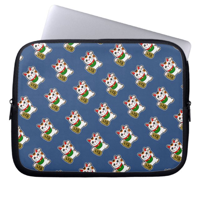 Dark Blue Lucky Cat Pattern Laptop Sleeve (Front)