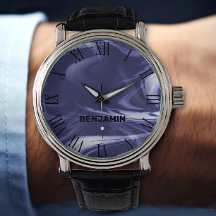 Dark Blue Marble Cool Marbled Pattern Custom Name Watch