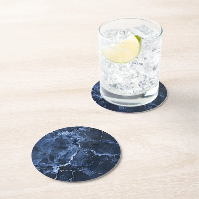 Dark Blue Marble Pattern Round Paper Coaster (Insitu)