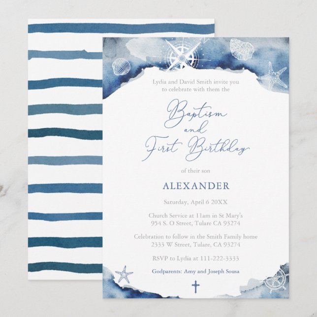 Dark Blue Maritime Boy Baptism 1st Birthday Party Invitation (Front/Back)