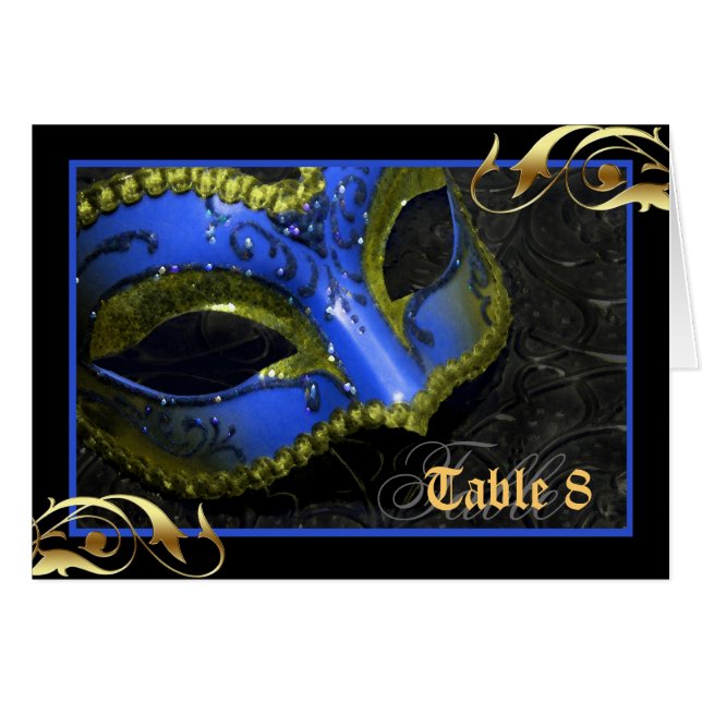 Dark Blue Masquerade Mask Table Number Card (Front Horizontal)
