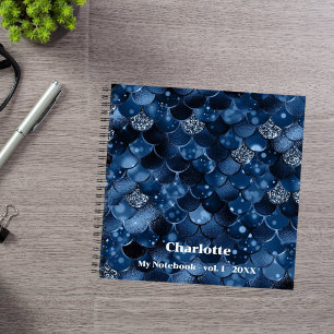 Dark blue mermaid scales name notebook