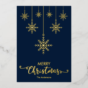 Dark Blue Merry Christmas Snowflakes Gold Foil Holiday Card