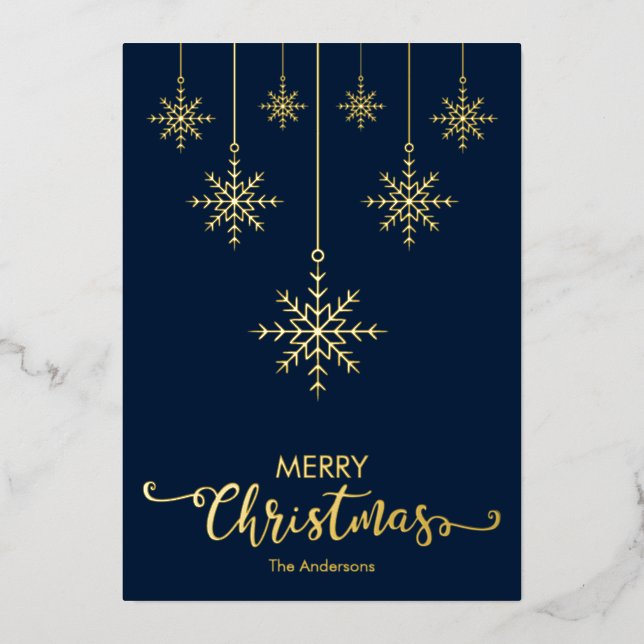 Dark Blue Merry Christmas Snowflakes Gold Foil Holiday Card (Front)