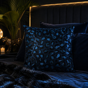 Dark Blue Metallic Leopard Print Animal Pattern Cushion