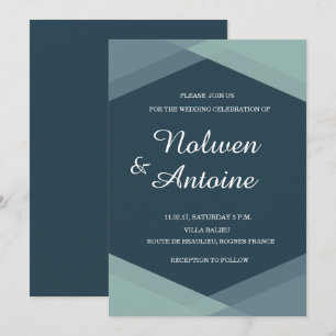 Dark Blue Mint Geometric Elegant Modern Wedding Invitation