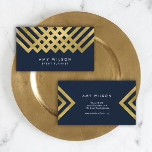 Dark Blue Modern and Faux Gold Geometric Design Business Card
