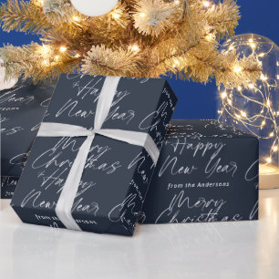 Dark Blue Modern Merry Christmas & Happy New Year Wrapping Paper