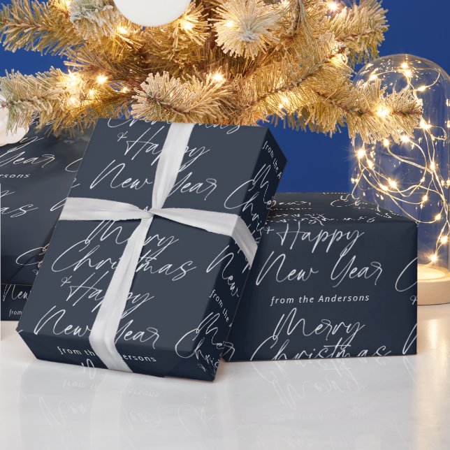 Dark Blue Modern Merry Christmas & Happy New Year Wrapping Paper (Holidays)
