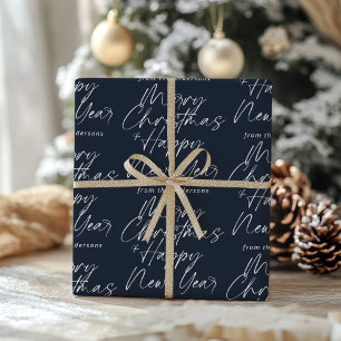 Dark Blue Modern Merry Christmas & Happy New Year Wrapping Paper