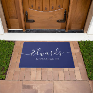 Dark Blue Modern Script Personalized Doormat