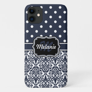Dark Blue Monogrammed Damask Polka Dots Pattern iPhone 11 Case