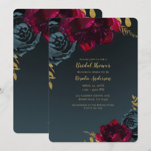 Dark Blue Moody Floral Gold Greenery Bridal Shower Invitation