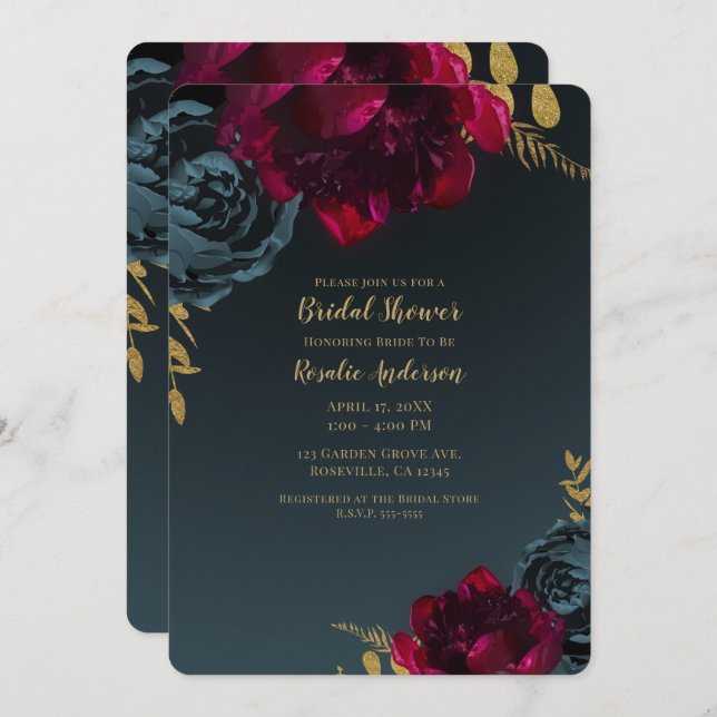 Dark Blue Moody Floral Gold Greenery Bridal Shower Invitation (Front/Back)