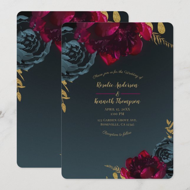 Dark Blue Moody Floral Gold Greenery Wedding Invitation (Front/Back)