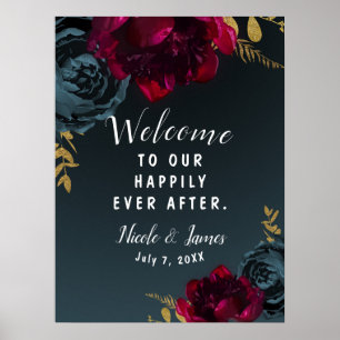 Dark Blue Moody Floral Gold Greenery Wedding Sign