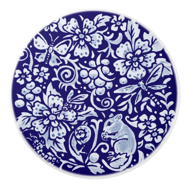 Dark Blue Mouse Insect Bee Woodland Animal Floral Ceramic Knob (Front)
