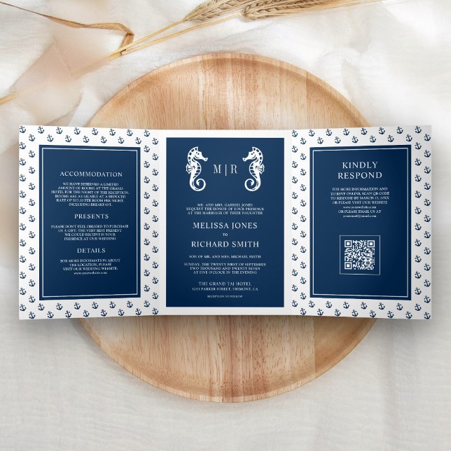 Dark Blue Nautical Anchor Seahorse QR Code Wedding Tri-Fold Invitation (Creator Uploaded)