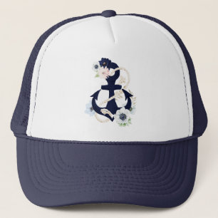 Dark-blue nautical floral boat anchor trucker hat