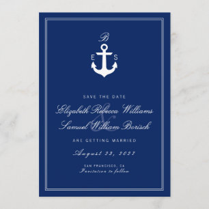 Dark Blue Nautical Monogram Save The Date Card