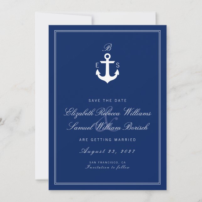 Dark Blue Nautical Monogram Save The Date Card (Front)