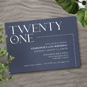 Dark Blue Navy   Cool Modern 21st Birthday Party Invitation