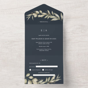Dark Blue Navy Eucalyptus Wreath Wedding All In One Invitation