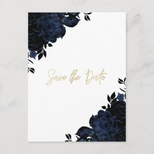 Dark Blue Navy Floral Gothic Save the Date Announcement Postcard