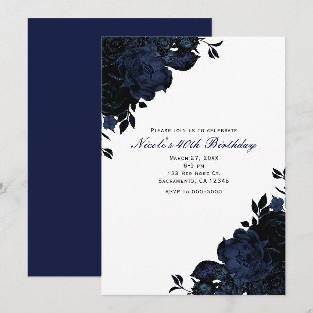 Dark Blue Navy Flowers Floral Gothic Invitations (Front/Back)