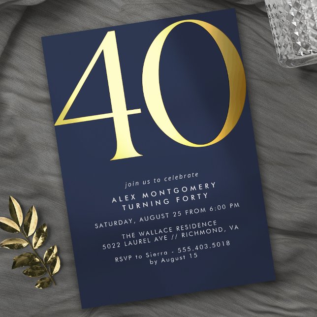 Dark Blue Navy + Gold | Cool Modern 40th Birthday (Creator Uploaded)