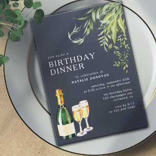 Dark Blue Navy   Modern Champagne Birthday Dinner Invitation