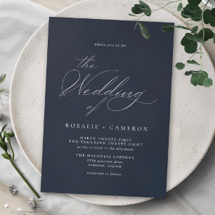 Dark Blue Navy   Simple Vintage Script Wedding Invitation